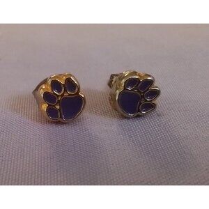 Gold Tone & Purple Paw Print Stud Earrings For Animal Lovers C133